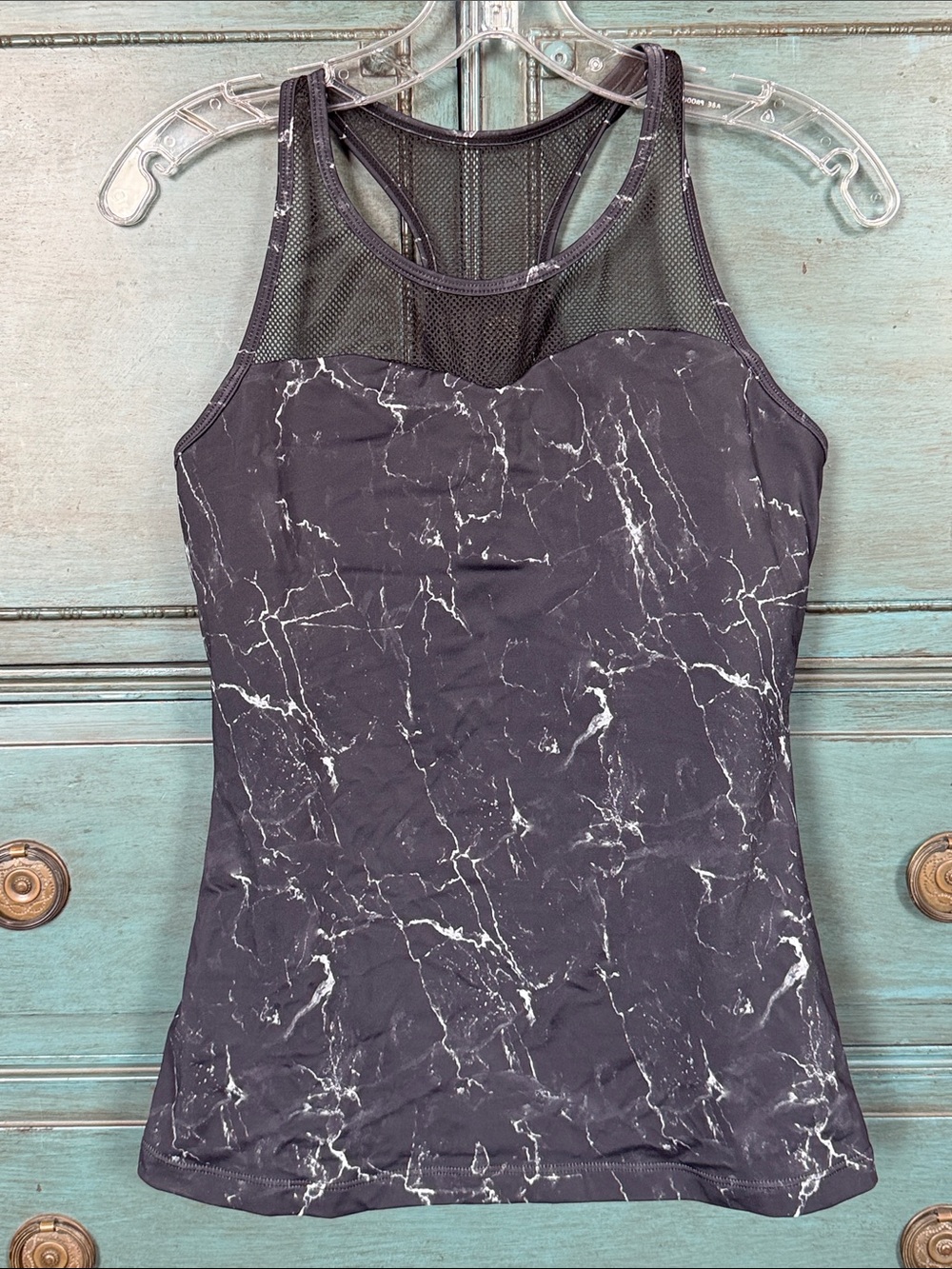 Black Marble-Print Athletic Swim Top with Mesh Yoke